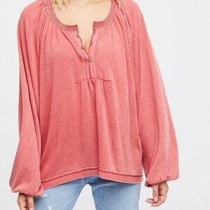 Free People We The Free Acadia Henley Top Coral Pink Oversized Boho Cotton XL